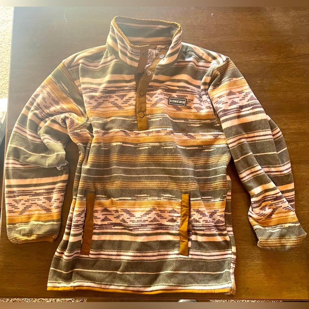 Men’s Small 3/4 Button up Cinch Pull Over with Hoodie Pocket